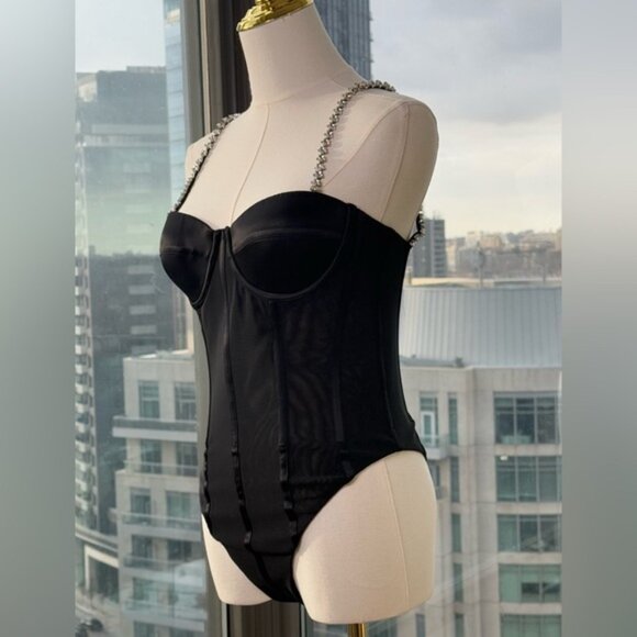 🆕 REBECCA VALLANCE 🧿 NWOT Eclipse Bodysuit, Black Mesh, Star Jewels, Sz US 4 - Picture 5 of 16